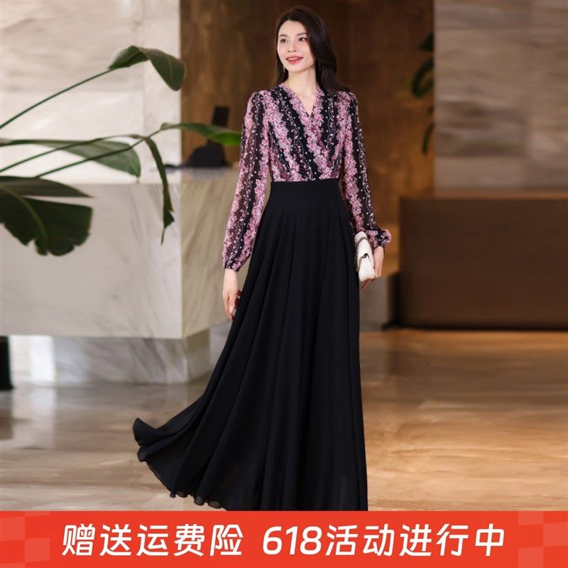 2025年新款春夏秋长袖连衣裙小个子款旅游度假长裙雪纺裙沙滩裙子