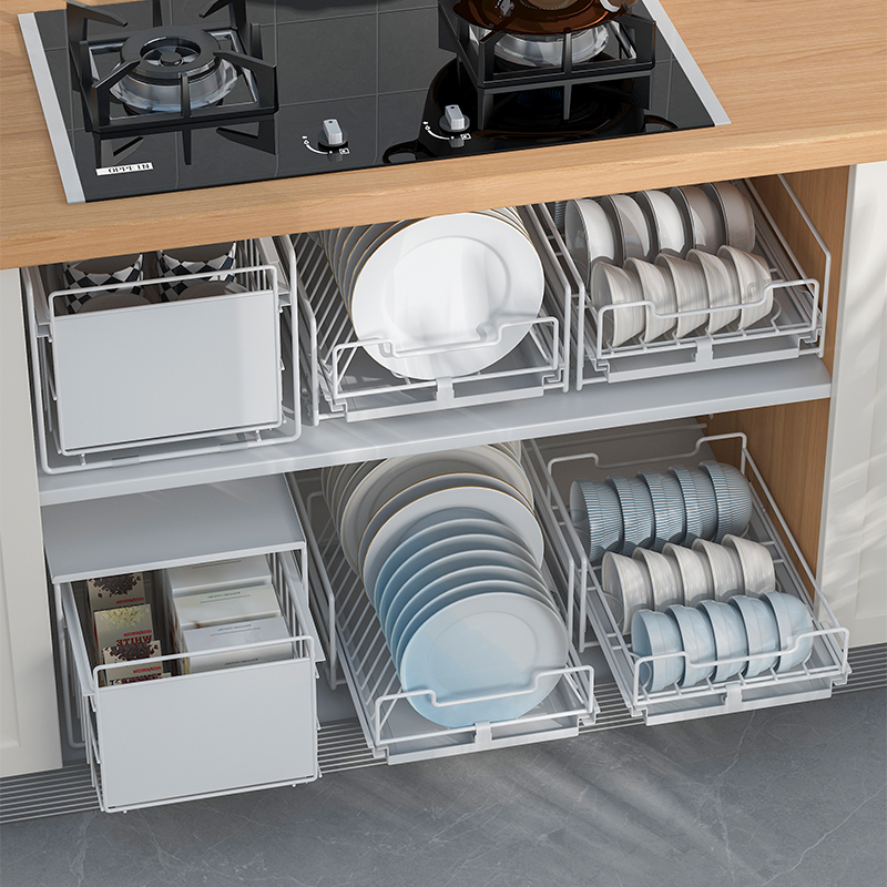 厨房柜内分隔餐具收纳盒洗碗台抽拉式碗碟架碗柜内拉篮碗盘置物架