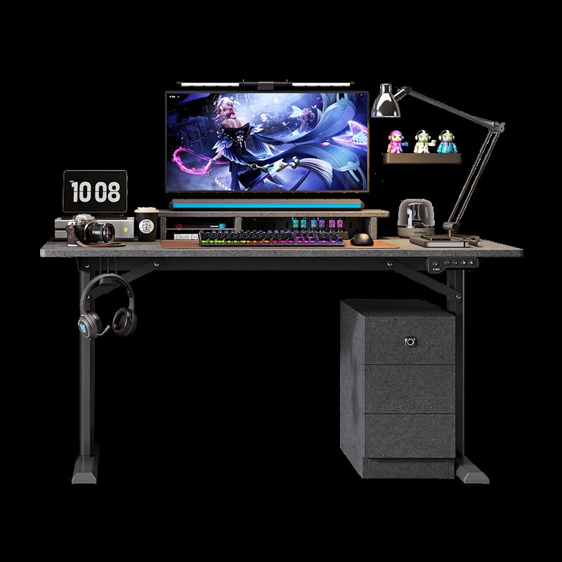 智能电动升降桌办公电脑桌电竞桌子家用实木工作台学习桌书柜一体