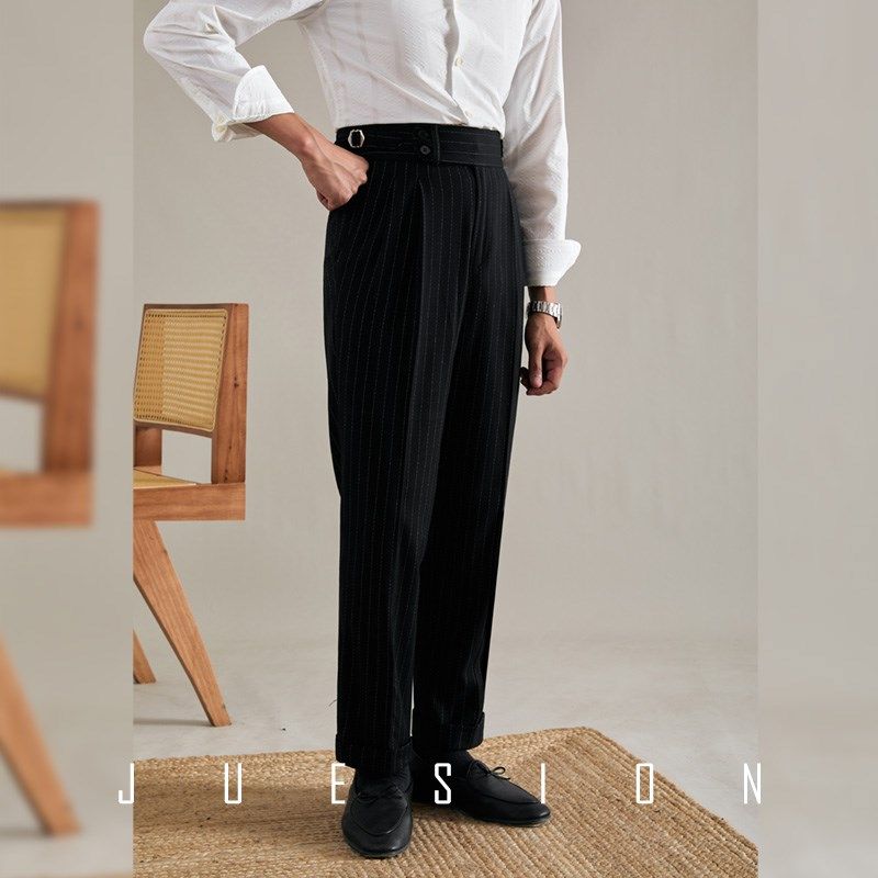JUESION 意式双扣条纹西裤男士那不勒斯直筒春夏季休闲西装长裤子