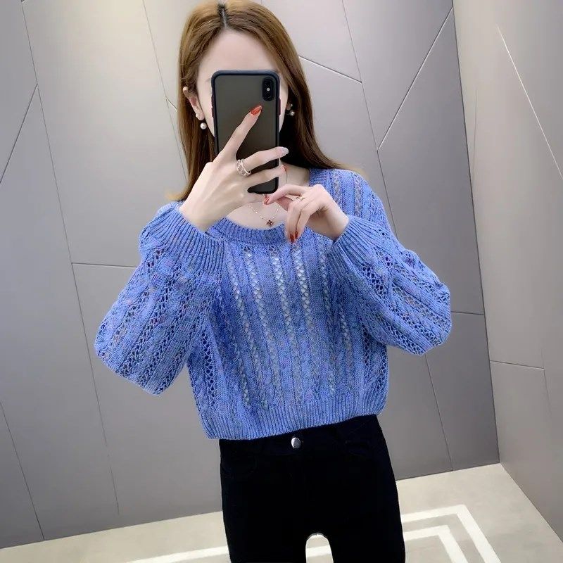 长袖女上衣时尚洋气2023早秋新款潮宽松小个子镂空夏天短装针织衫