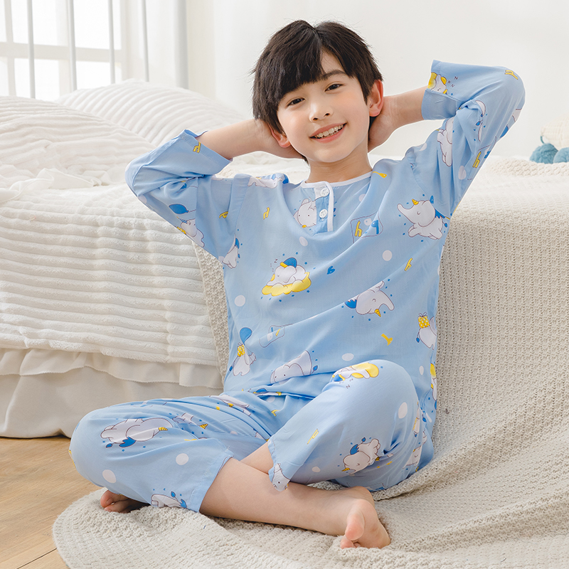 男童女孩夏季儿童绵绸睡衣薄款中大童夏天居家防着凉棉绸空调服