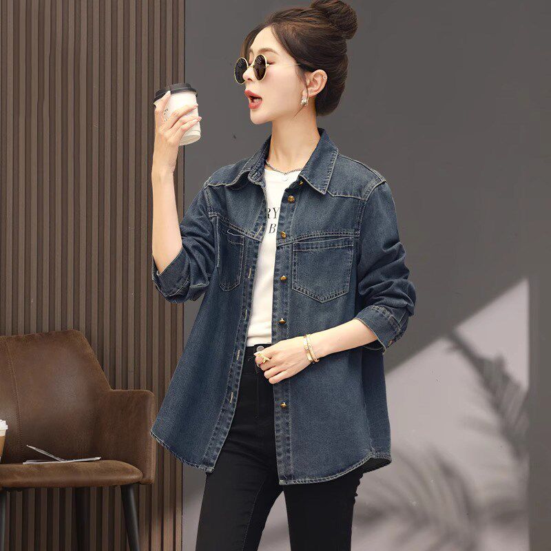 蓝色牛仔衬衫女款2024春装新款宽松中长款叠穿休闲polo领衬衣外套