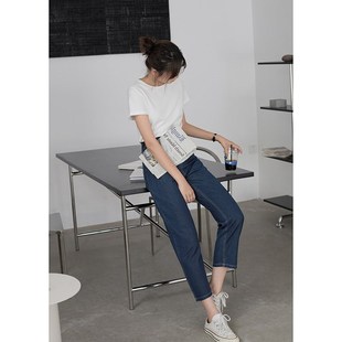 大码女装胖妹妹mm藏蓝色牛仔直筒春秋高腰宽松显瘦九分裤子200斤