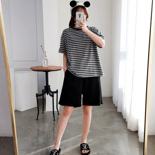 胖妹妹纯棉睡衣女加肥加大码200斤春夏短袖短裤家居服T恤套装外穿