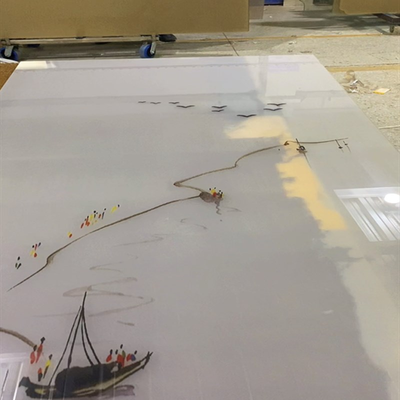 厂家新中式夹绢玻璃屏风隔断山水画屏风玄关门 夹丝定制钢化艺术