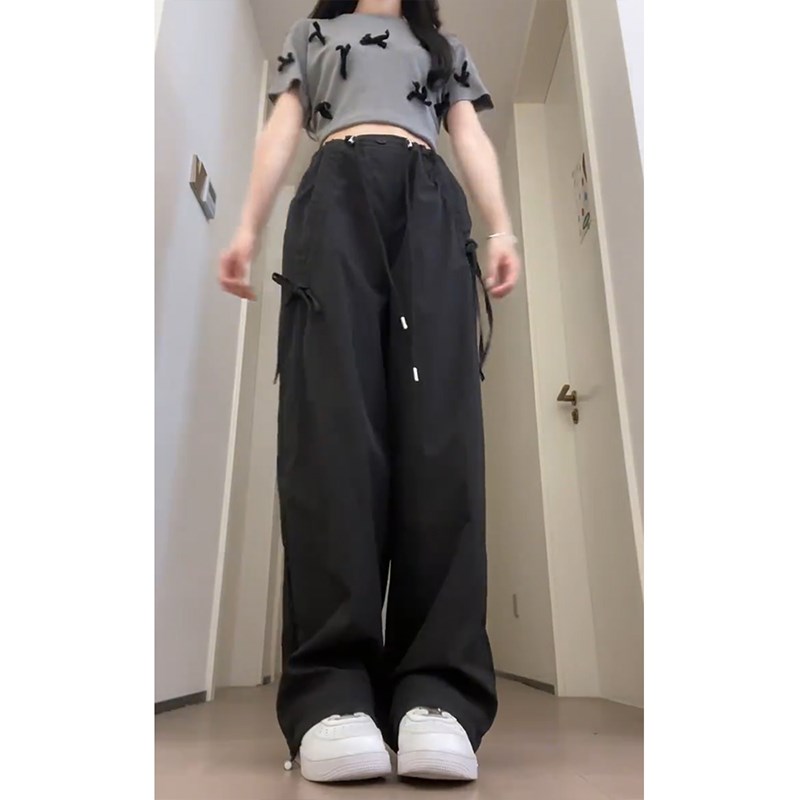 黑色蝴蝶结工装裤女款大码春季裤子胖mm显瘦休闲美式设计感阔腿裤