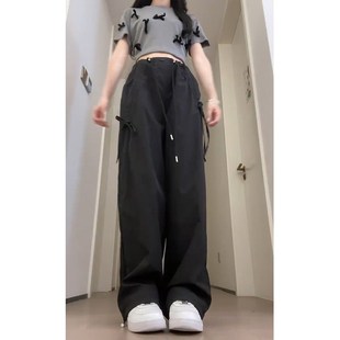 黑色蝴蝶结工装裤女款大码春季裤子胖mm显瘦休闲美式设计感阔腿裤