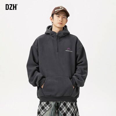 男士深灰色摇粒绒卫衣男连帽加厚保暖秋冬上衣套头半拉链外套男款