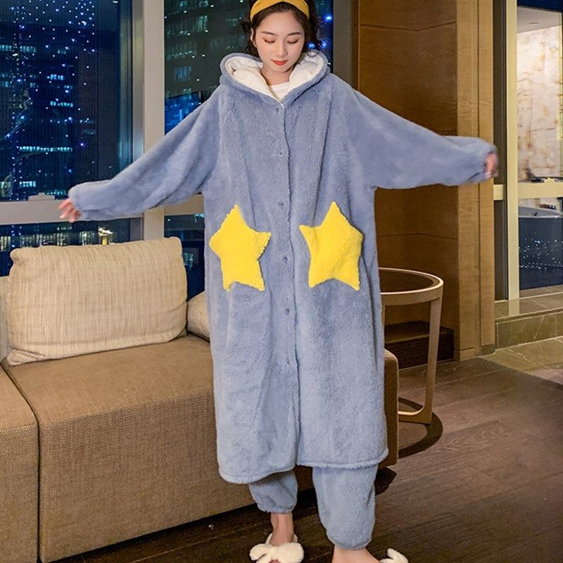 睡衣女秋冬季珊瑚绒加绒加厚睡袍套装可爱连帽保暖长款家居服套装