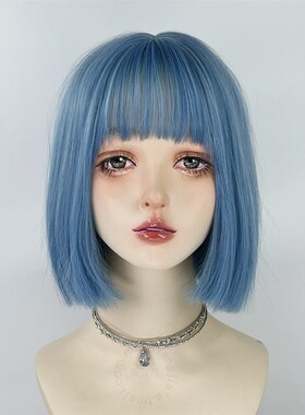 蓝色短发假发一刀切女全头套亚文化lolita波波头y2k万用cos彩直发
