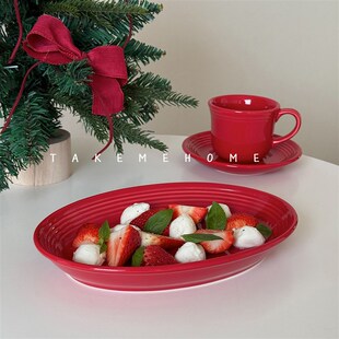 takemehome红色椭圆盘意面沙拉咖喱饭盘大号蒸鱼盘子新年好看喜庆