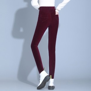 高腰加绒灯芯绒女裤子秋冬季新款外穿小脚裤显瘦加厚松紧腰棉裤