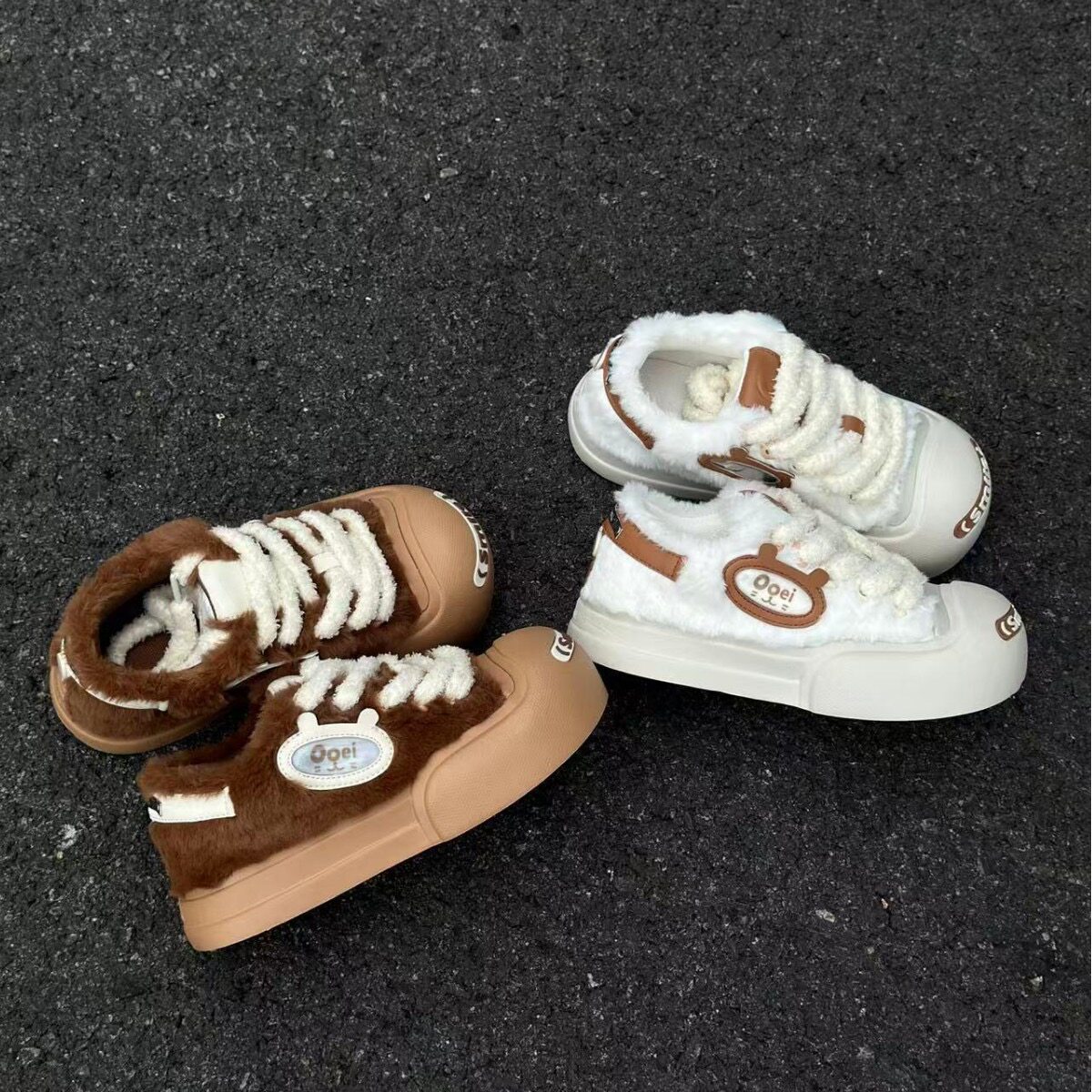 开口笑帆布鞋女毛绒猫咪保暖大头鞋厚底增高休闲板鞋