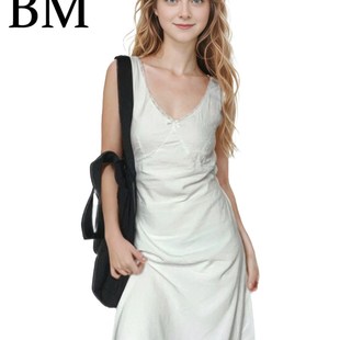 BM新款长裙V领蝴蝶结系带收腰茶歇小白裙无袖白色法式连衣裙女夏