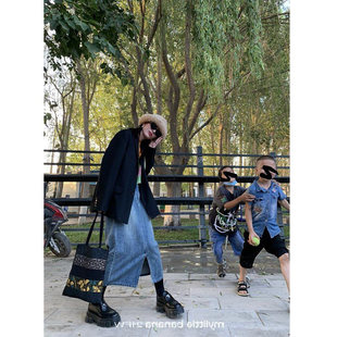 大码女装胖妹妹mm牛仔开叉半身裙秋季胯大腿粗宽松显瘦长裙200斤