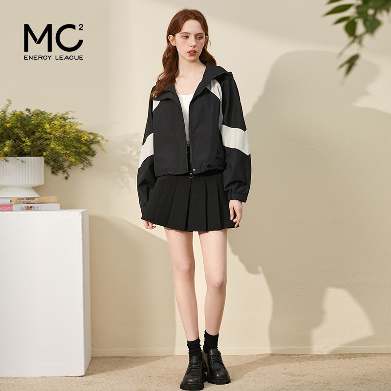 mc2连帽短款小外套女装2024春秋新款黑色时尚拼色短款上衣小个子
