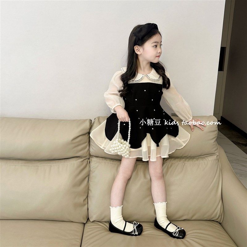 女童娃娃领长袖连衣裙2025春季新款女孩千金感闪闪手工订钻公主裙