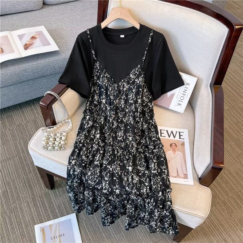 法式雪纺碎花假两件连衣裙女夏装新款设计感圆领小众长款大码长裙