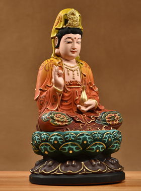 花梨实木雕刻观音菩萨佛像摆件新中式彩绘坐莲观音家居客厅装饰品