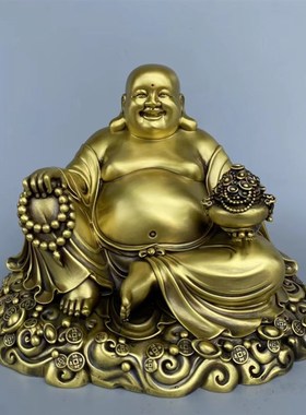 大号弥勒佛摆件纯铜聚宝盆笑佛大肚元宝佛客厅装饰品家用供奉佛像