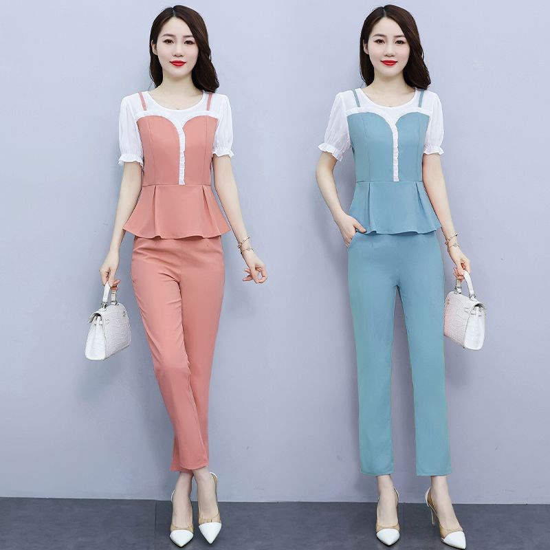 时尚职业套装女2024新款夏季修身御姐拼接显瘦短袖雪纺长裤两件套