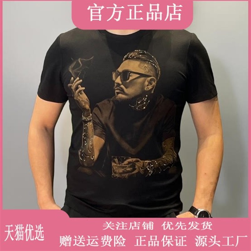 锋界服饰痞帅男人图像新款烫钻印花男士轻奢时尚休闲夏季短袖T恤