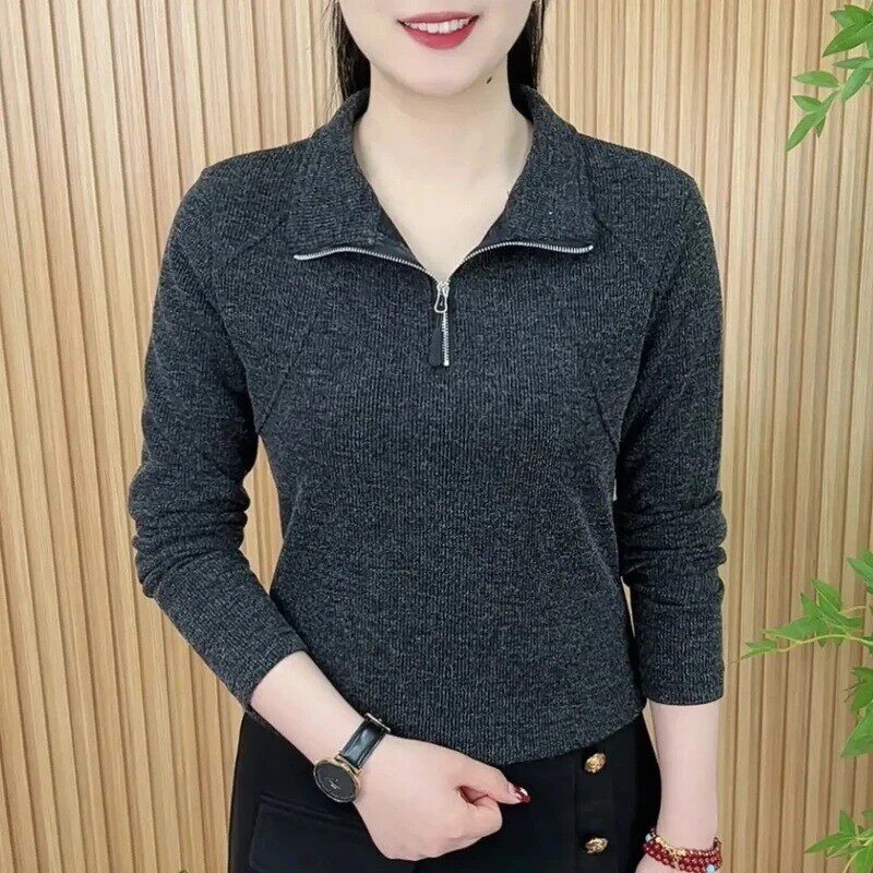 1雅集单品纹理感翻领显瘦长袖小衫女秋季时尚减龄拉链洋气打底衫