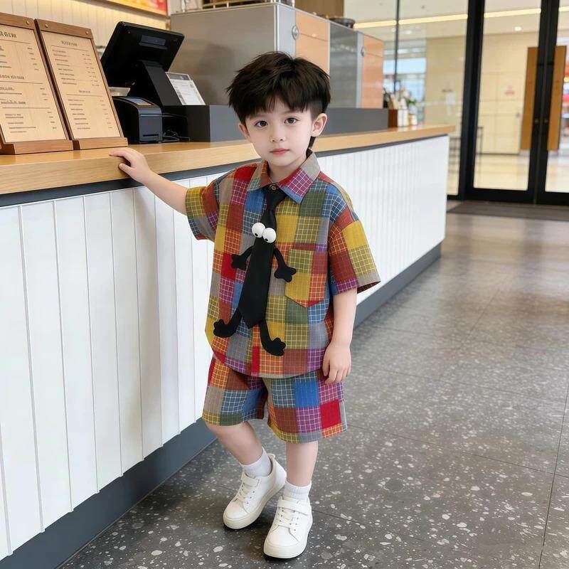 星童优选童装1男童夏季格子短袖衬衫套装儿童夏天衣服衬衣两件套