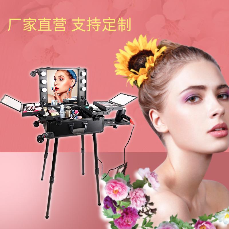 铝合金拉杆带灯化妆箱 美发美甲工具箱 万向轮LED跟妆箱 现货
