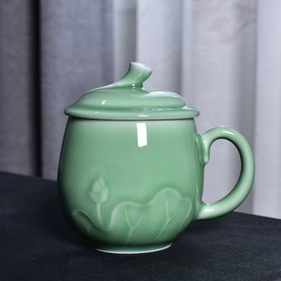 老板杯酒店水杯带盖泡茶杯大容量 陶瓷荷叶茶杯办公杯青瓷家用中式