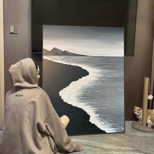 轻奢钻石画2022客厅背景墙现代简约侘寂风黑白海滩抽象玄关十字绣