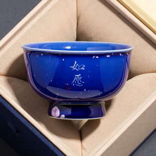 窑变蓝鎏银圆鼎茶杯陶瓷主人杯家用品茗杯功夫茶具国潮风定制单杯