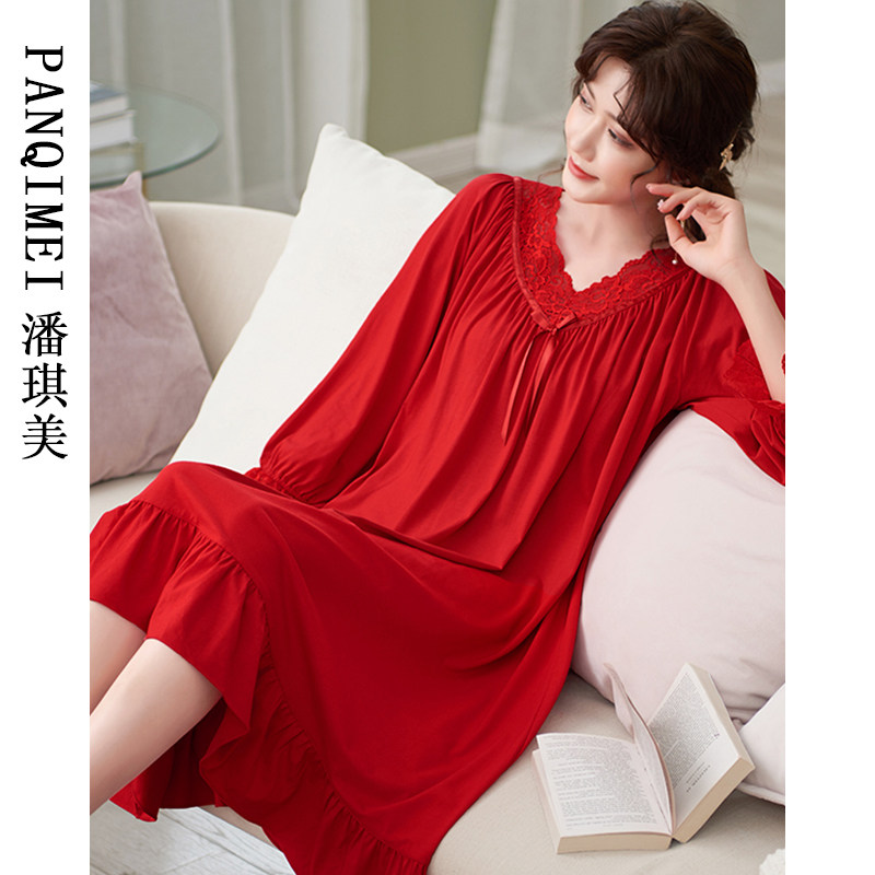 秋季红色睡裙女款长袖纯棉春秋本命年新娘结婚睡衣裙长裙花边v领,女士内衣/男士内衣/家居服,睡裙,淘宝优惠券,粉丝福利购,淘宝优惠卷