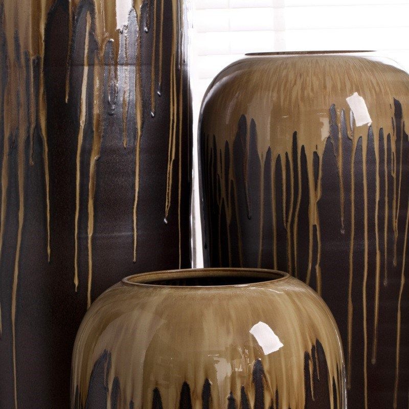 新中式流釉三件套落地大号花瓶干支陶罐摆件花盆坛子景德镇陶瓷缸,家居饰品,花盆,淘宝优惠券,粉丝福利购,淘宝优惠卷