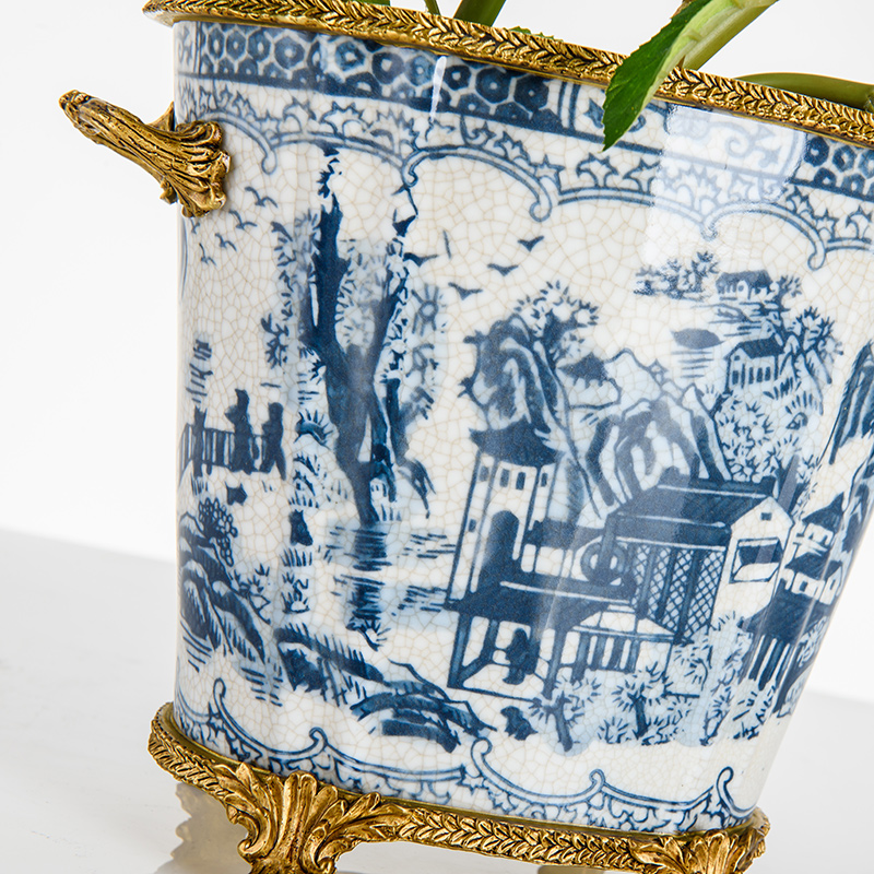 欧式美式中式复古摆件 陶瓷配铜花盆花艺花器花瓶客厅工艺品摆设