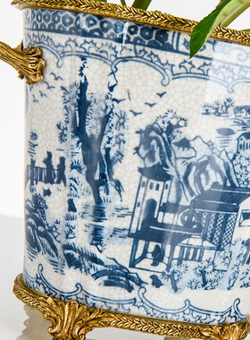 欧式美式中式复古摆件 陶瓷配铜花盆花艺花器花瓶客厅工艺品摆设