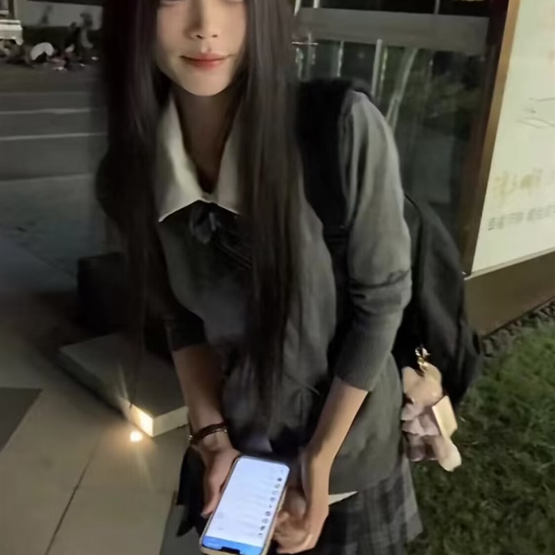 【两件套装】jk制服学院风套装灰色针织开衫甜酷复古毛衣外套衬衫