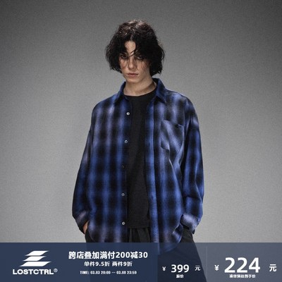 LOSTCTRL复古水洗喷色长袖格子衬衫男秋季个性款衬衣秋初秋上衣潮
