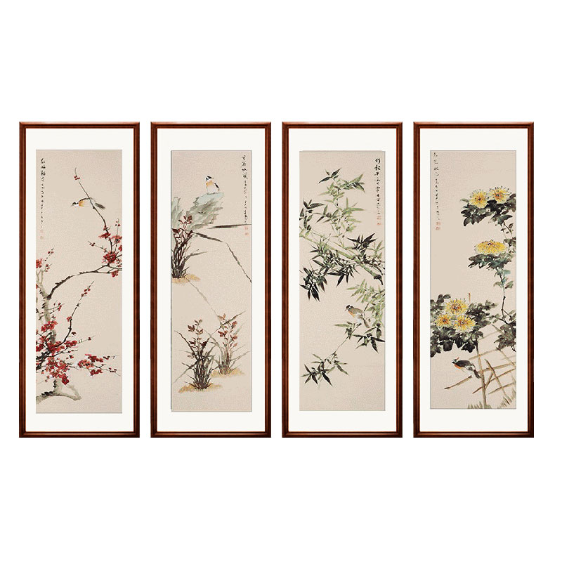 水墨梅兰竹菊四条屏花鸟挂画中式客厅沙发背景墙四联装饰国画手绘