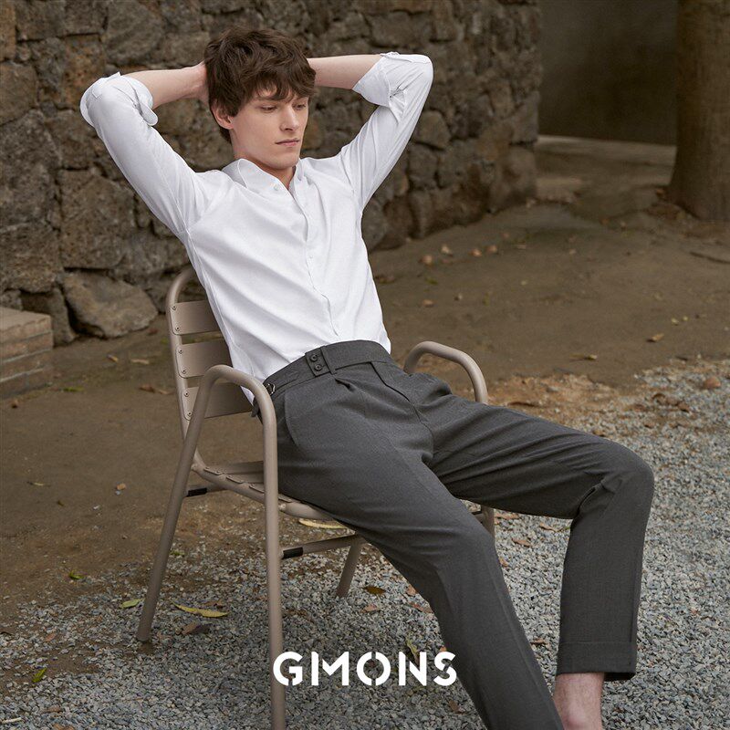 吉约蒙长袖衬衫男纯棉一片领白色商务正装高级感纽扣领休闲衬衣