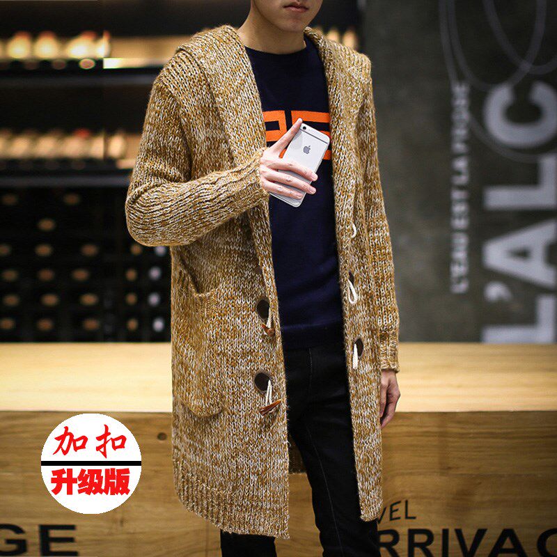 青年宽松连帽针织衫中长款酒红色粗毛线衣外套加厚开衫毛衣男大码