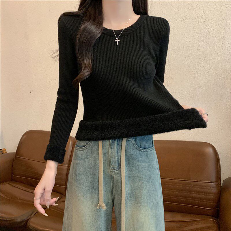 白色毛衣女秋冬季圆领修身紧身长袖打底针织衫内搭加厚一体绒上衣