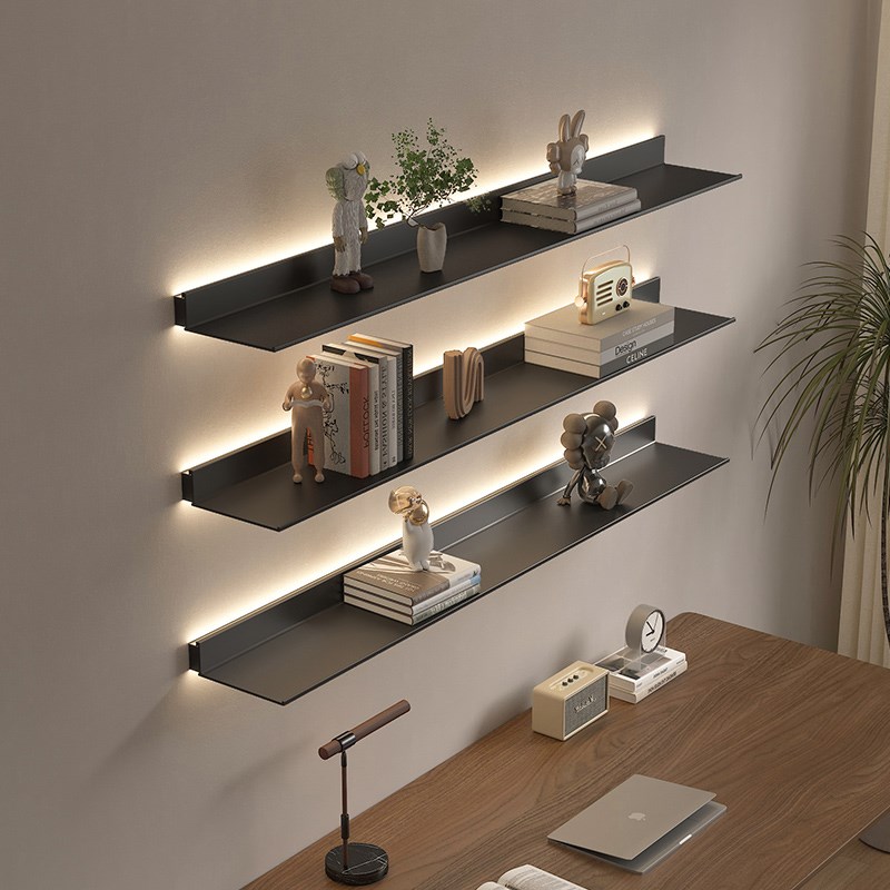 铝合金发光层板墙上置物架LED收纳壁挂L型一字搁板书架金属展示架