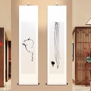 手绘禅意水墨画新中式客厅茶室装饰画仿齐白石水墨写意画卷轴装裱