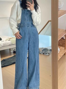 ooh-hha89657蓝色背带牛仔裤女高腰显瘦宽松拖地新款