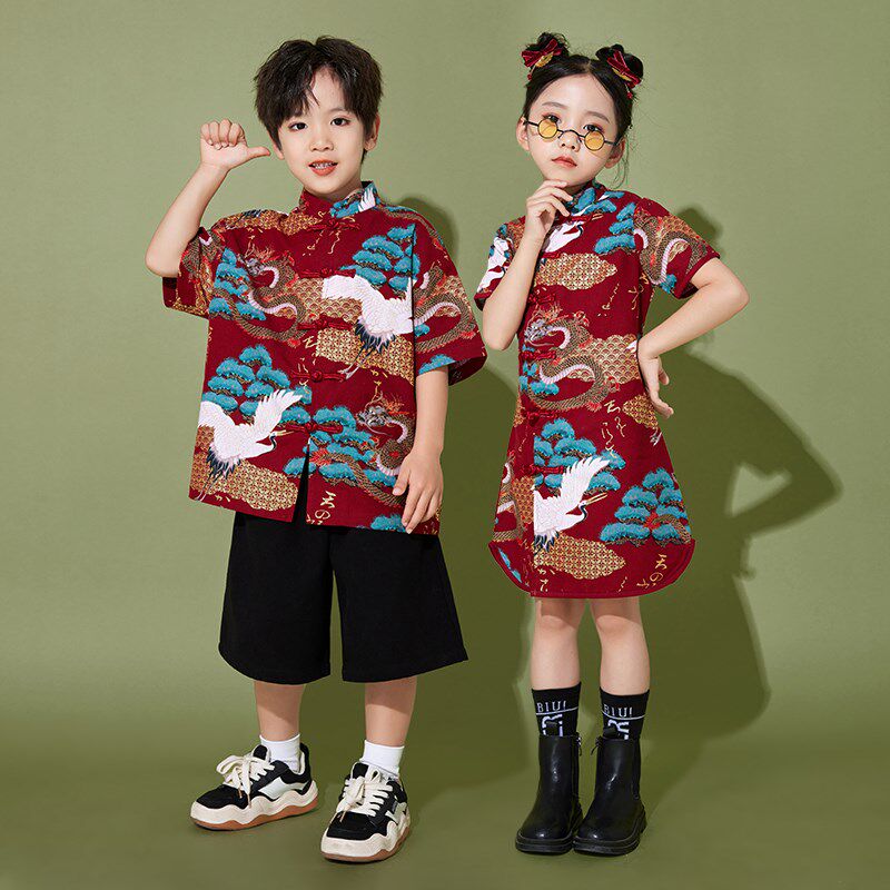 儿童中国风啦啦队演出服男童古装汉服女童旗袍舞台大合唱班服套装