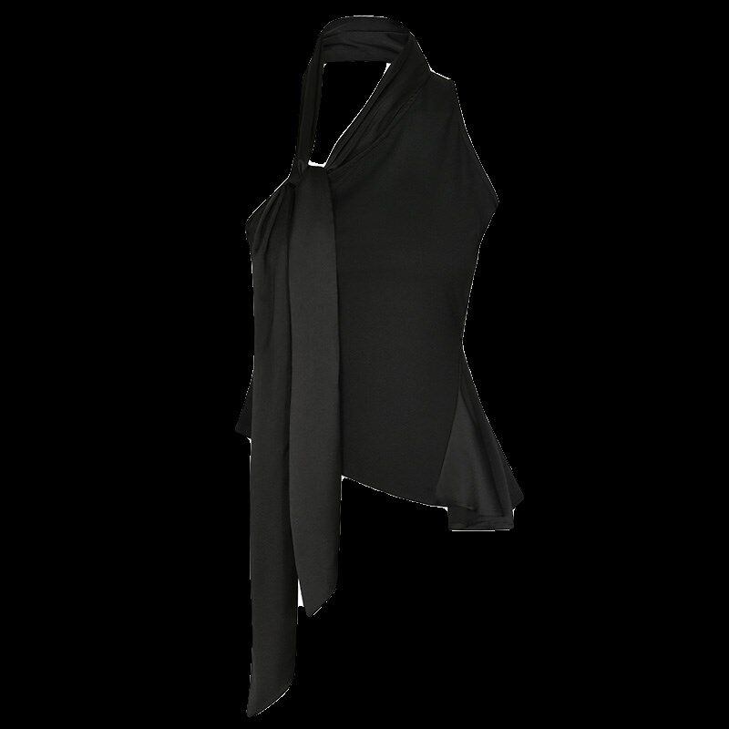 EMPTY PAGE黑色拼接斜肩背心女围脖飘带收腰单肩褶皱上衣