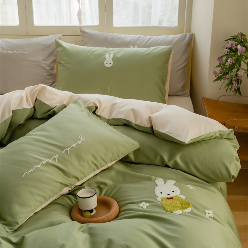 100支纯棉贡缎长绒棉丝滑绿色小兔子四件套全棉1.5m1.8被套少女心
