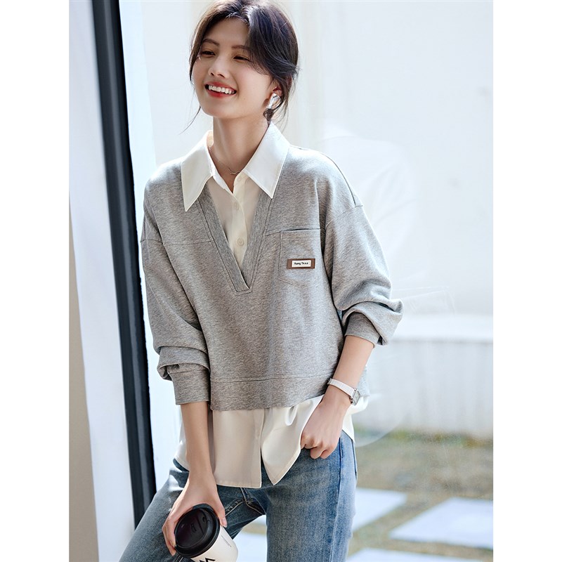 XWI欣未知性优雅假两件拼接卫衣女2024年秋季V型领口衬衫领上衣